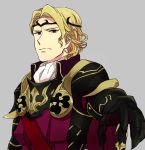  1boy 31sgic armor blonde_hair circlet fire_emblem fire_emblem_if gloves grey_background male_focus marks_(fire_emblem_if) red_eyes simple_background sword upper_body weapon 