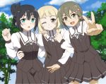  3girls :d arm_around_waist bangs black_hair blonde_hair blush_stickers brown_eyes brown_hair folded_ponytail green_eyes hair_between_eyes hair_ornament hairclip locked_arms long_sleeves looking_at_viewer minowa_gin multiple_girls nogi_sonoko one_eye_closed onomekaman open_mouth pleated_skirt school_uniform skirt smile tree v washio_sumi yuuki_yuuna_wa_yuusha_de_aru yuusha_de_aru 