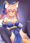  1girl animal_ears bare_shoulders black_legwear blush breasts cleavage collarbone detached_sleeves fang fate/extra fate/extra_ccc fate/grand_order fate_(series) fox_ears fox_tail hair_ribbon kazu-koto large_breasts long_hair looking_at_viewer lying open_mouth pink_hair ribbon solo spread_legs tail tamamo_(fate)_(all) tamamo_no_mae_(fate) thigh-highs yellow_eyes 