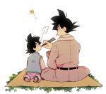  2boys =3 back_turned belt blanket butterfly chinese_clothes chopsticks dragon_ball dragon_ball_super dragonball_z eating father_and_son grass male_focus multiple_boys rochiko_(bgl6751010) scarf simple_background sitting son_gokuu son_goten white_background 