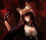  1girl akagi_(azur_lane) animal_ears azur_lane breasts brown_hair cleavage fox_ears fox_tail gloves grin hair_ornament hand_on_own_chest highres kul_e_n large_breasts long_hair multiple_tails red_eyes smile solo tail 