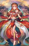  1girl anklet armlet barefoot bracelet breasts brown_hair clouds cloudy_sky eyebrows_visible_through_hair heart heart-shaped_pupils highres jewelry long_hair looking_at_viewer midriff navel open_mouth plantar_flexion red_eyes shadowverse sideboob sky sun_oracle_pascale symbol-shaped_pupils tttanggvl 