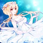  1girl bangs bare_arms blonde_hair blue_background blue_dress breasts brown_eyes cleavage commission copyright_request dress dutch_angle head_wreath large_breasts long_hair parted_lips peachpii solo upper_body very_long_hair 