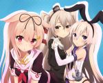  3girls amatsukaze_(kantai_collection) black_ribbon blonde_hair blue_eyes blush breasts brown_eyes closed_mouth elbow_gloves eyebrows gloves hair_ribbon hand_holding highres kantai_collection kukie-nyan looking_at_viewer medium_breasts multiple_girls parted_lips red_eyes red_neckwear ribbon shimakaze_(kantai_collection) white_gloves yuudachi_(kantai_collection) 