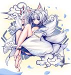  1girl absurdres animal_ears azur_lane bangs bare_legs barefoot blue_eyes blue_skirt breasts cleavage cleavage_cutout clouds eyebrows_visible_through_hair fox_ears fox_mask fox_tail full_body highres holding holding_mask kaga_(azur_lane) knees_up long_sleeves looking_at_viewer mask multiple_tails parted_lips pleated_skirt short_hair silver_hair skirt smile solo tail tetsu_(excalibur920) toe_scrunch wide_sleeves wristband 