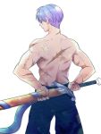  1boy arms_behind_back back_turned bare_back blue_eyes dragon_ball dragonball_z expressionless looking_down male_focus pants purple_hair rochiko_(bgl6751010) scar short_hair simple_background sword trunks_(dragon_ball) weapon white_background 