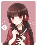  1girl :t anger_vein artist_name atobesakunolove bangs blunt_bangs blush bow brown_hair closed_mouth collarbone dangan_ronpa eyebrows_visible_through_hair hair_ornament hair_scrunchie harukawa_maki heart highres long_sleeves looking_at_viewer low_twintails mole mole_under_eye neckerchief new_dangan_ronpa_v3 pink_background playing_with_own_hair pout red_eyes red_shirt ringed_eyes school_uniform scrunchie serafuku shirt solo speech_bubble spoken_anger_vein tsundere twintails upper_body watermark web_address white_bow white_neckwear 