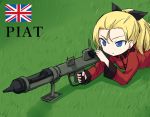  1girl assam black_ribbon blonde_hair blue_eyes closed_mouth epaulettes girls_und_panzer grass hair_pulled_back hair_ribbon holding holding_weapon jacket kakizaki_(chou_neji) long_hair long_sleeves looking_to_the_side lying military military_uniform on_stomach outdoors piat red_jacket ribbon solo st._gloriana&#039;s_military_uniform uniform union_jack weapon 