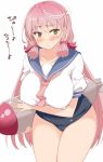  1girl akashi_(kantai_collection) breasts cosplay cowboy_shot embarrassed green_eyes hair_ornament hair_ribbon i-58_(kantai_collection) i-58_(kantai_collection)_(cosplay) kantai_collection kusano_(torisukerabasu) large_breasts leaning_forward long_hair pink_hair pink_neckwear ribbon school_swimsuit school_uniform serafuku simple_background solo swimsuit swimsuit_under_clothes torpedo translation_request tress_ribbon white_background 