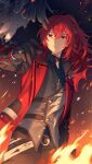  1boy absurdres bangs bird black_gloves bshi_edayo coat diluc_(genshin_impact) diluc_(red_dead_of_night)_(genshin_impact) fire genshin_impact gloves hair_between_eyes highres jacket long_hair long_sleeves male_focus official_alternate_costume owl ponytail red_eyes red_jacket redhead solo vest 