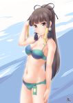  1girl ayama_yuiya bangs bikini blue_bikini breasts brown_eyes brown_hair earrings green_bikini hair_tubes jewelry kakemono_tsugumi long_hair looking_at_viewer medium_breasts navel ponytail smile solo swimsuit two-tone_bikini 