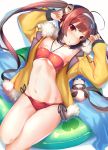  1girl :o absurdres ahoge azur_lane bandeau bangs bikini blush breasts brown_hair collarbone dobunezumi hairband highres innertube jacket long_hair looking_at_viewer navel open_clothes open_jacket panda parted_lips ping_hai_(azur_lane) red_bikini red_eyes sidelocks simple_background small_breasts solo swimsuit thighs tsurime twintails white_background 