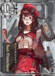  1girl belt beret bracelet breasts flower glasses gun hair_flower hair_ornament handgun hat holster jeanex jewelry mecha_musume open_mouth pacific personification red_eyes redhead revolver skirt smile solo turret uss_san_francisco_(ca-38) weapon 
