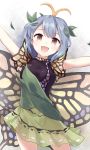  :d antennae blue_hair blush breasts brown_eyes butterfly_wings commentary ears eternity_larva green_skirt leaf looking_at_viewer medium_breasts minust open_mouth short_sleeves skirt smile standing touhou white_background wings 