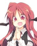  1girl :d armband bat_wings blush breasts collared_shirt dress_shirt eyebrows_visible_through_hair hands_together head_wings juliet_sleeves koakuma long_hair long_sleeves looking_at_viewer necktie open_mouth puffy_sleeves red_eyes red_neckwear redhead satou_kibi shirt simple_background smile solo touhou upper_body vest white_background white_shirt wings 