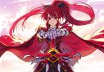  1girl braid cape colored elesis_(elsword) elsword expressionless eyebrows_visible_through_hair gloves hair_ribbon hands_together highres jacket long_hair mellchi ponytail red_eyes redhead ribbon solo sword weapon 