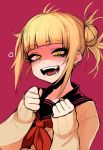  1girl bangs blonde_hair blunt_bangs blush boku_no_hero_academia cardigan clenched_hands double_bun eyebrows_visible_through_hair fangs hands_up happy heart j.k. long_sleeves looking_at_viewer maroon_background open_mouth red_ribbon ribbon school_uniform serafuku shiny shiny_hair short_hair simple_background smile solo teeth toga_himiko yellow_eyes 