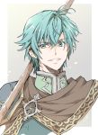  1boy aqua_hair armor blue_eyes blue_hair cape ephraim fire_emblem fire_emblem:_seima_no_kouseki fire_emblem_heroes green_eyes green_hair kizuki_miki looking_at_viewer male_focus polearm short_hair smile solo spear weapon 