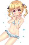  1girl bad_anatomy bikini blonde_hair blue_bikini frilled_bikini_bottom girlish_number groin hands_up highres looking_at_viewer navel pink_eyes short_twintails solo sonou_momoka suiren_fuyu swimsuit twintails 