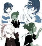  3boys backpack bag baseball_cap dark_skin dark_skinned_male gladio_(pokemon) green_hair hair_over_one_eye hand_holding hat hau_(pokemon) hood hoodie multiple_boys pokemon pokemon_(game) pokemon_sm shirt short_hair short_ponytail t-shirt toshiharu_(s_narutoshi) you_(pokemon_sm) 