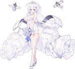  1girl ahoge aircraft airplane azur_lane blue_eyes blue_ribbon blush bouquet breasts bridal_veil center_opening dress eyebrows eyebrows_visible_through_hair flower full_body garter_straps hair_ornament high_heels holding holding_bouquet illustrious_(azur_lane) kaede_(003591163) lace lace-trimmed_dress lace_trim large_breasts legs_crossed long_hair low_twintails midriff mole mole_under_eye official_art open_mouth petals ribbon shoes short_dress simple_background smile solo standing thigh-highs thigh_gap tiara transparent_background twintails veil watson_cross wedding_dress white white_background white_dress white_footwear white_hair white_legwear zettai_ryouiki 