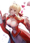  1girl aestus_estus ahoge backlighting bangs blonde_hair blush braid breasts cleavage cowboy_shot dress epaulettes eyebrows_visible_through_hair fate/grand_order fate_(series) french_braid green_eyes hair_intakes highres holding holding_sword holding_weapon large_breasts open_mouth petals red_dress ririko_(zhuoyandesailaer) rose_petals saber_extra sidelocks simple_background smile solo sword thighs tsurime weapon white_background 