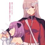  2girls aoki_shizumi bandage_over_one_eye bare_shoulders black_cape black_ribbon bleeding blood cape detached_sleeves florence_nightingale_(fate/grand_order) hair_ribbon helena_blavatsky_(fate/grand_order) injury long_hair looking_down multiple_girls open_mouth pink_hair purple_hair red_eyes ribbon sash short_hair strapless sweat translation_request tying upper_body violet_eyes white_background 
