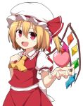  1girl ascot blonde_hair commentary enushi_(toho193) fang flandre_scarlet hat hat_ribbon heart highres looking_at_viewer mob_cap open_mouth puffy_short_sleeves puffy_sleeves red_eyes red_ribbon ribbon short_hair short_sleeves side_ponytail touhou wings yellow_neckwear 