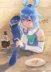  1girl absurdres alcohol aqua_(konosuba) bare_shoulders blue_eyes blue_footwear blue_hair blue_shirt boots check_commentary chin_rest commentary_request dated detached_sleeves dripping frills hair_bobbles hair_ornament hair_rings highres jjeono kono_subarashii_sekai_ni_shukufuku_wo! long_hair plate shirt sitting sketch smile solo thigh-highs thigh_boots water whiskey 
