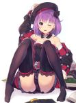  1girl bare_shoulders black_legwear black_panties commentary_request detached_collar detached_sleeves fate/grand_order fate_(series) flat_chest hat helena_blavatsky_(fate/grand_order) jacket looking_at_viewer panties purple_hair short_hair solo spread_legs strapless sumisu_(mondo) thigh-highs tree_of_life underwear violet_eyes 