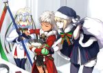  1boy 2girls ahoge archer artoria_pendragon_(all) bell bent_over cape child closed_eyes counter dark_skin dark_skinned_male dress drooling fate/grand_order fate_(series) fur_trim hat jeanne_d&#039;arc_(alter)_(fate) jeanne_d&#039;arc_(fate)_(all) jeanne_d&#039;arc_alter_santa_lily lineart matsuya_(syohsa) mixing_bowl multiple_girls platinum_blonde ribbon santa_alter santa_costume santa_hat short_hair shorts silver_hair simple_background thigh-highs whisk white_background yellow_eyes younger 