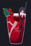  1girl alternate_costume bangs bare_legs bare_shoulders barefoot black_background black_hair blunt_bangs blush cherry cup dangan_ronpa dress drink drinking_glass drinking_straw eaoo20 eyebrows_visible_through_hair food food_themed_hair_ornament fruit full_body hair_ornament harukawa_maki in_container in_cup leaf leg_up long_hair looking_at_viewer looking_to_the_side low_twintails minigirl mole mole_under_eye mouth_hold new_dangan_ronpa_v3 outline partially_submerged red_dress red_eyes short_dress simple_background sparkle strapless strapless_dress twintails very_long_hair white_outline 
