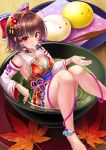  1girl bare_shoulders barefoot bow breasts brown_hair cleavage commentary_request detached_sleeves flower food hair_bow hair_flower hair_ornament hakurei_reimu leaf looking_at_viewer parted_lips red_bow short_hair sideboob sitting solo touhou uemura_shun 