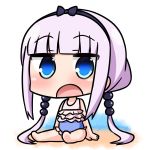  1girl blue_eyes chibi commentary_request hair_bobbles hair_ornament hana_kazari kanna_kamui kobayashi-san_chi_no_maidragon long_hair looking_at_viewer low_twintails open_mouth purple_hair simple_background sitting solo swimsuit twintails 