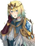  1girl absurdres blonde_hair blue_eyes blue_hair crown dotentity earrings feather_trim fire_emblem fire_emblem_heroes fjorm_(fire_emblem_heroes) gradient gradient_hair highres jewelry looking_at_viewer multicolored_hair short_hair simple_background smile white_background 