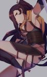  1girl aoki_shizumi armor armpits breasts brown_eyes brown_hair fire_emblem fire_emblem_if grey_background hair_over_one_eye kagerou_(fire_emblem_if) long_hair looking_at_viewer medium_breasts ninja ponytail sandals scarf solo yellow_scarf 