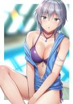  1girl :o anastasia_(idolmaster) armband bangs bare_shoulders between_legs bikini bikini_under_clothes blue_eyes blue_vest blurry blurry_background blush breasts cleavage collarbone commentary_request eyebrows_visible_through_hair eyelashes grey_hair hair_between_eyes hand_between_legs idolmaster idolmaster_cinderella_girls indoors jewelry knee_up looking_at_viewer medium_breasts navel necklace off_shoulder open_clothes open_mouth open_vest parted_lips pendant pool purple_bikini rei_no_pool short_hair side-tie_bikini silver_hair sitting solo swimsuit thighs tsurime umihotaru_harumare vest water zipper zipper_pull_tab 