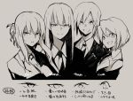  4girls bangs dress_shirt eyes formal grey_background greyscale hair_bun hms_conqueror_(siirakannu) hms_monarch_(siirakannu) hms_orion_(siirakannu) hms_thunderer_(siirakannu) kantai_collection light_smile long_hair looking_at_viewer military military_uniform monochrome multiple_girls necktie original shirt short_hair sidelocks siirakannu simple_background smile suit translation_request uniform 