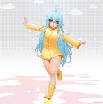  1girl :d antenna_hair artist_name blue_eyes blue_hair blush boots commentary denpa_onna_to_seishun_otoko eyebrows_visible_through_hair eyes_visible_through_hair kuroonehalf long_hair looking_at_viewer open_mouth outstretched_arms raincoat rubber_boots running smile solo spread_arms touwa_erio very_long_hair 