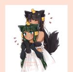  2girls animal_ears anubis_(monster_girl_encyclopedia) bare_shoulders black_hair blue_eyes blush border closed_eyes commentary dark_skin dress eyebrows_visible_through_hair green_hair hair_ornament height_difference highres hug hug_from_behind looking_at_viewer mei_kins monster_girl monster_girl_encyclopedia multiple_girls parted_lips paws pink_border short_sleeves smile snake_hair_ornament standing tail twitter_username white_background white_dress wolf_ears wolf_tail 