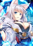 1girl animal_ears armor azur_lane blue_eyes breasts choker cleavage dated fox_ears fox_mask fox_tails japanese_clothes kaga_(azur_lane) large_breasts long_sleeves looking_at_viewer mask multiple_tails parted_lips ryuuga_shou short_hair signature solo tail white_hair wide_sleeves wristband 