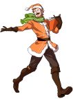  1boy absurdres beard book brown_footwear brown_gloves caster_of_red facial_hair fate/apocrypha fate/grand_order fate_(series) full_body gloves green_scarf hat highres male_focus nippar one_eye_closed open_mouth orange_hair outstretched_arm santa_costume santa_hat scarf smile solo 