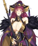  1girl blush braid breasts cleavage collar detached_sleeves dotentity dress earrings feather_trim feathers fire_emblem fire_emblem_heroes hat highres holding holding_staff jewelry large_breasts lips loki_(fire_emblem_heroes) long_hair nail_polish parted_lips ponytail purple_dress purple_hair purple_nails scepter shiny shiny_skin simple_background staff stud_earrings very_long_hair violet_eyes white_background 