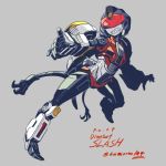  1girl artist_name autobot breasts character_name claws full_body grey_background kamizono_(spookyhouse) legs looking_at_viewer machinery no_humans personification red_eyes sharp_teeth slash_(dinobot) smile solo teeth transformers 
