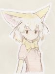  1girl animal_ears blonde_hair bow bowtie breast_pocket brown_eyes eyebrows_visible_through_hair fennec_(kemono_friends) fox_ears highres kemono_friends looking_at_viewer muted_color pink_sweater pocket short_hair short_sleeve_sweater short_sleeves solo sweater traditional_media uepon_(shimo_ponzu) upper_body yellow_neckwear 
