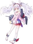  1girl animal_ears azur_lane bangs breasts cleavage eyebrows eyebrows_visible_through_hair fake_animal_ears full_body fur_trim hair_between_eyes hairband jacket kaede_(003591163) laffey_(azur_lane) lifebuoy long_hair long_sleeves looking_at_viewer machinery miniskirt off_shoulder official_art open_clothes open_jacket pink_jacket pleated_skirt pocket purple_hair rabbit rabbit_ears red_eyes red_hairband red_skirt shirt sidelocks simple_background skirt sleeves_past_wrists small_breasts solo thigh-highs torpedo transparent_background turret twintails white_legwear zettai_ryouiki zipper_pull_tab 