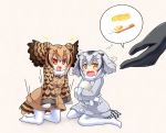  3girls anni_minto black_gloves brown_hair coat commentary_request crying crying_with_eyes_open egg eurasian_eagle_owl_(kemono_friends) flying_sweatdrops gloves gradient_hair head_wings kaban_(kemono_friends) kemono_friends kneelings multicolored_hair multiple_girls northern_white-faced_owl_(kemono_friends) object_hug omelet out_of_frame pantyhose red_eyes silver_hair simple_background sitting spoken_object sunny_side_up_egg tamagoyaki tears wariza white_background white_legwear winter_clothes winter_coat yellow_eyes 