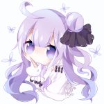  1girl ahoge azur_lane bangs bare_shoulders black_bow black_ribbon bow chibi closed_mouth commentary_request detached_sleeves di-ort dress eyebrows_visible_through_hair full_body hair_between_eyes hair_bun hair_ribbon long_hair long_sleeves looking_at_viewer object_hug one_side_up purple_hair ribbon side_bun simple_background solo strapless strapless_dress stuffed_animal stuffed_toy stuffed_unicorn unicorn_(azur_lane) very_long_hair violet_eyes white_background white_dress 