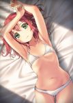  1girl arms_up bangs bed_sheet blurry bra clenched_hands depth_of_field flat_chest green_eyes halterneck highres kurosawa_ruby looking_at_viewer love_live! love_live!_sunshine!! lying meda midriff navel on_back panties redhead solo two_side_up underwear underwear_only white_bra white_panties 