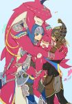  1girl armor blonde_hair blush brother_and_sister closed_eyes dual_persona fish_girl gloves hair_ornament hat highres hug jewelry kandori_makoto link long_hair mipha monster_boy pointy_ears redhead siblings smile the_legend_of_zelda the_legend_of_zelda:_breath_of_the_wild yellow_eyes zora 